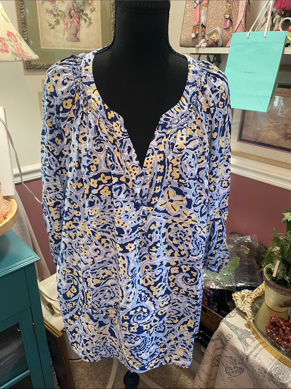 croft & barrow Blue and Yellow Printed Peasant Blouse